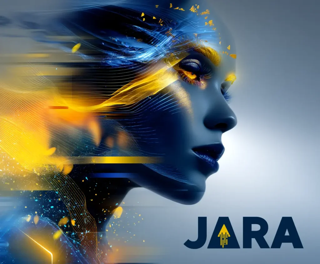 Representación artística de JARA, asistente de inteligencia artificial con rostro humano futurista, en tonos azul y dorado, simbolizando tecnología y conexión emocional para emprendedores digitales.