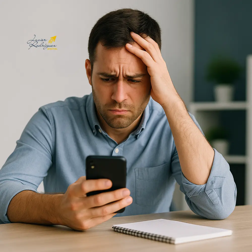 Hombre joven estresado mirando su celular, con muchas notificaciones acumuladas.